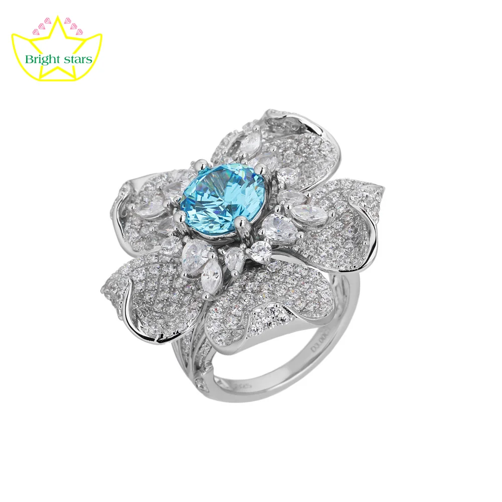 Bright Stars s925 Sterling silver ring sky blue gem high carbon diamond zircon flower K gold craft ring wholesale