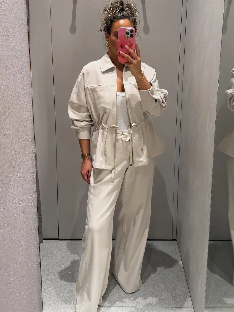 

HH женское пальто с карманами и длинными рукавами на молнии с лацканами + высокая талия, эластичный пояс, широкие брюки с завязками, шикарный осенний комплект из 2 предметов