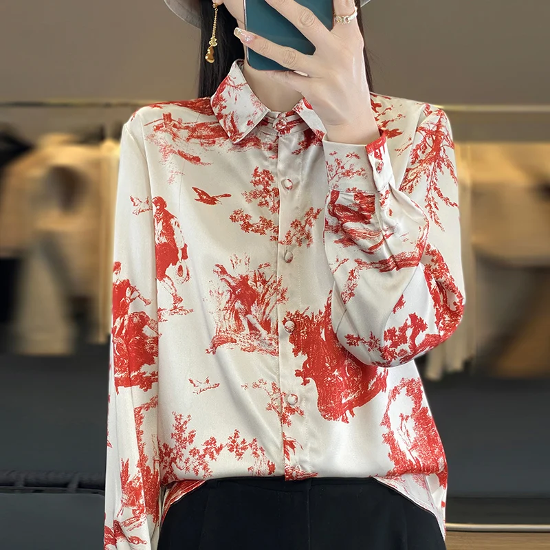 Frauen Langarm Seide Mischung Hemd Neuankömmling Frühling Herbst chinesischen Druck Färben Strickjacke Grundlagen weibliche Freizeit Tops Shirts