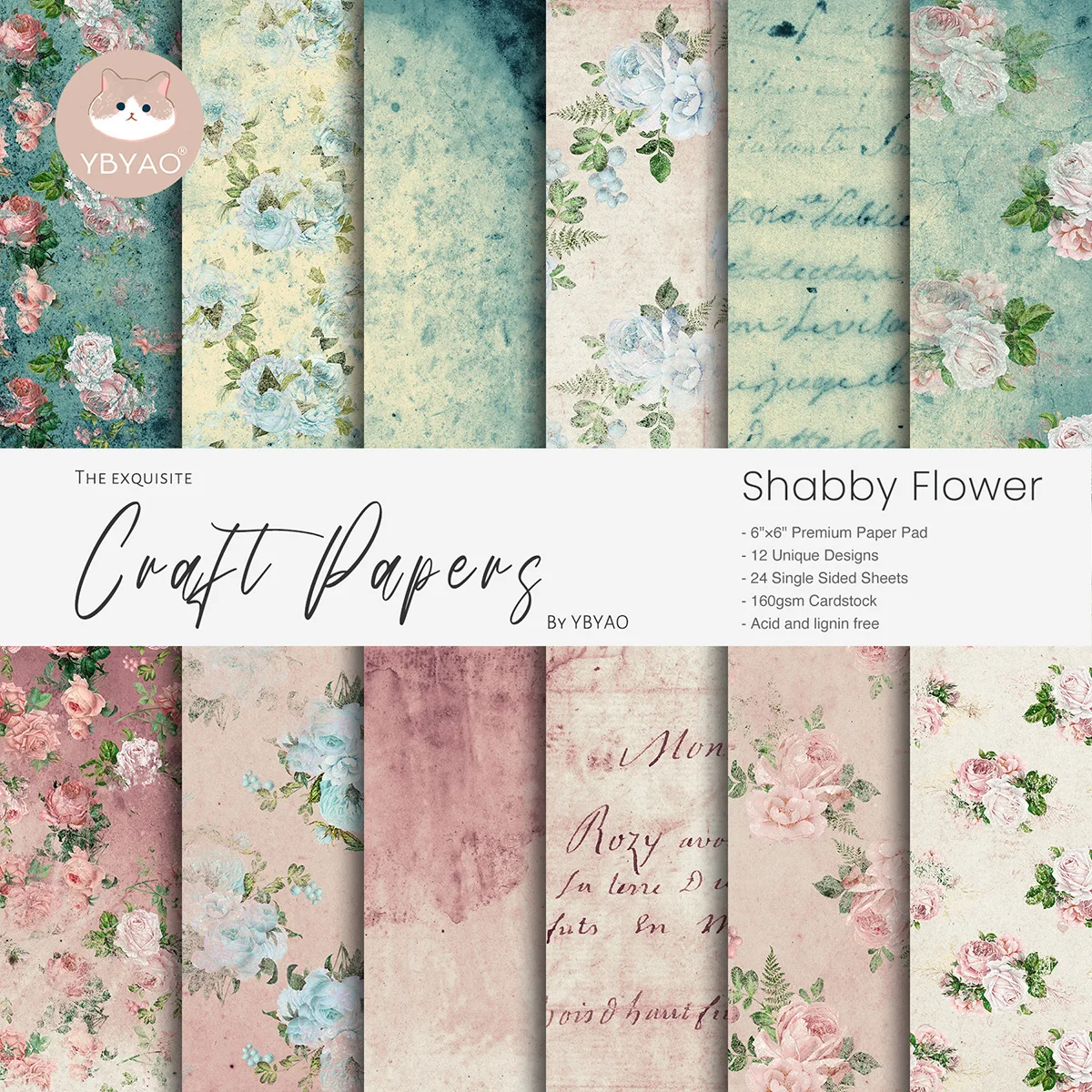 24 Sheet 6"X6" Vintage Rustic Shabby Flower Patterned Paper Pad Cardstock Craft Paper Collage Scrapbooking Material Paper Packs
