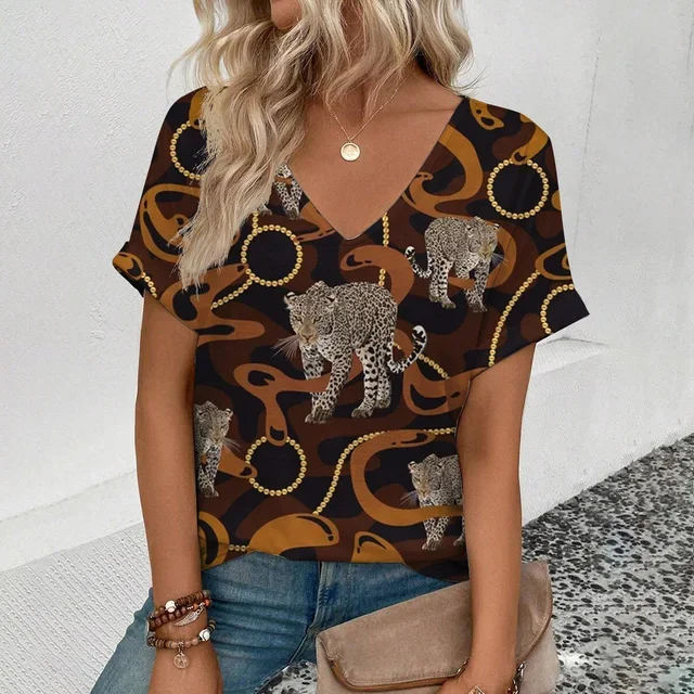 Summer clothing V-neck sexy leopard print T-shirt animal pattern women\'s shirt short sleeve street Korean style women\'s clothing