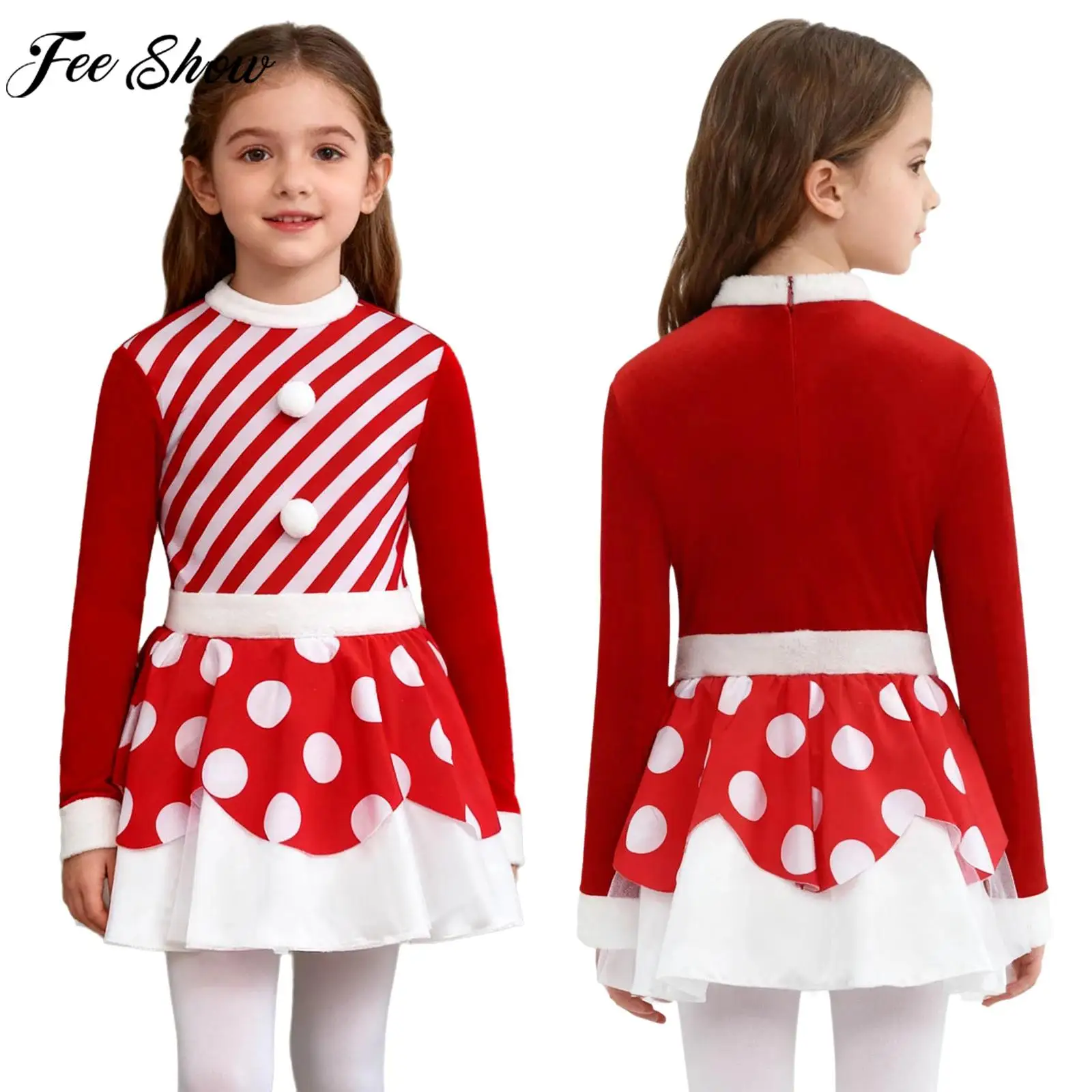 Vestido de Papá Noel con bastón de caramelo de Navidad para niñas, vestidos de leotardo de baile con tutú de malla de puntos a rayas de terciopelo de manga larga, disfraz de Cosplay de Navidad