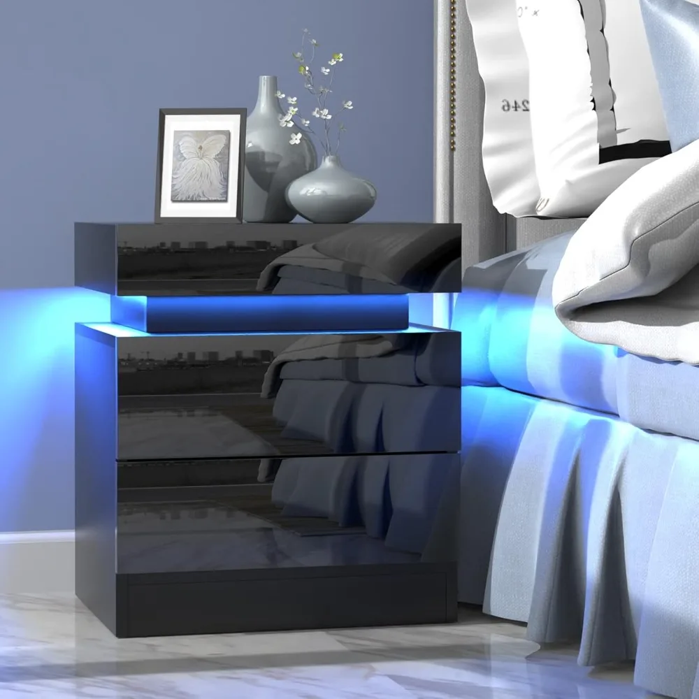 Schwarzer Nachttisch mit LED, Nachttisch mit 2 Schubladen und Schiebekommode für das Wohnzimmer
