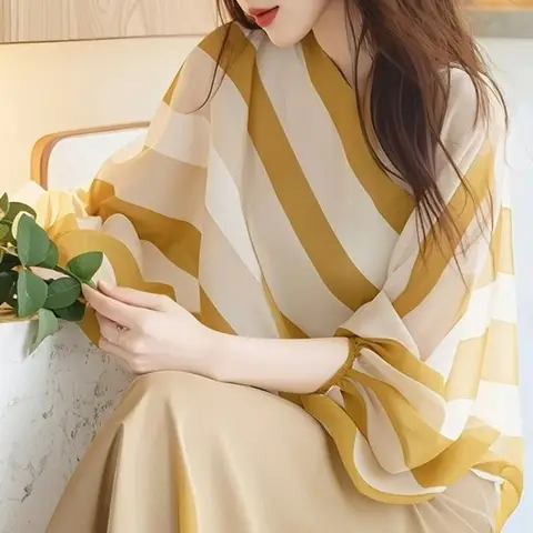 2025 여름 새 셔츠 노란색 프랑스 스타일 Office 레이디 스트라이프 쉬폰 7부 소매 블라우스 여성 봄 탑