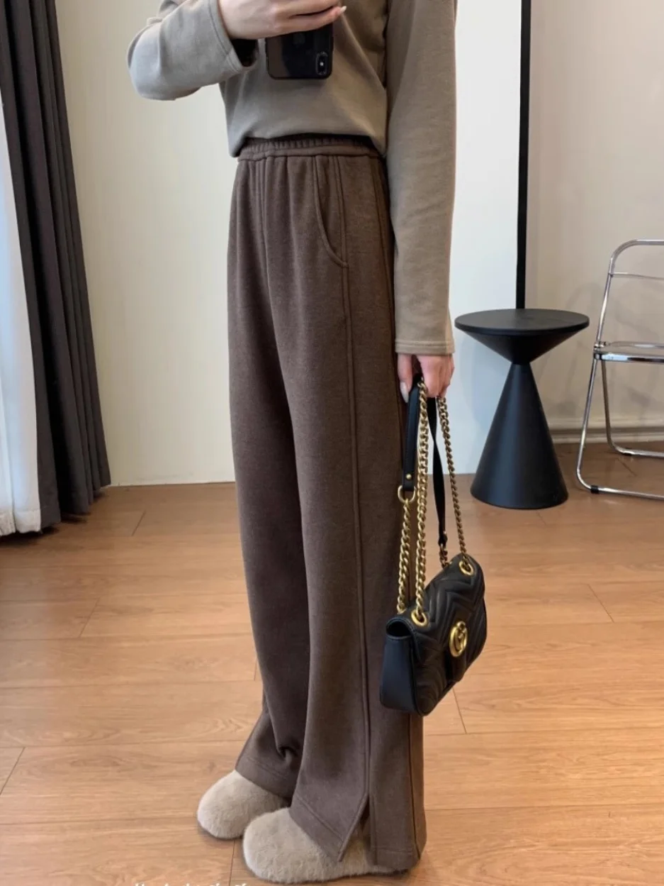 Thiened Warmth Woolen Casual Wide Leg Pants High Waist Long Trousers Slim Fit Vintage Acetate Woolen Pants for Winter