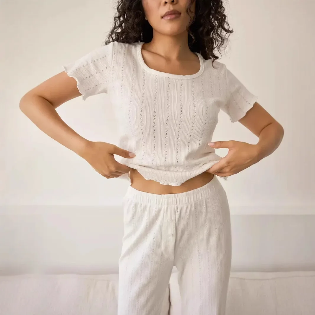 

Spring and Summer Casual Fashion and Comfort New Women's Clothing White Short-sleeved Top Trousers Pure Loungewear Set