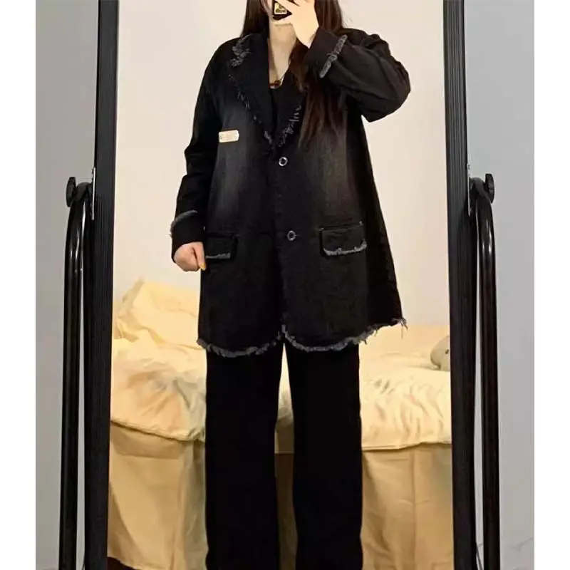Женская джинсовая куртка с воротником-стойкой, однотонная Свободная джинсовая куртка в американском стиле ретро, стройнящая фигуру, S47, осень 2024