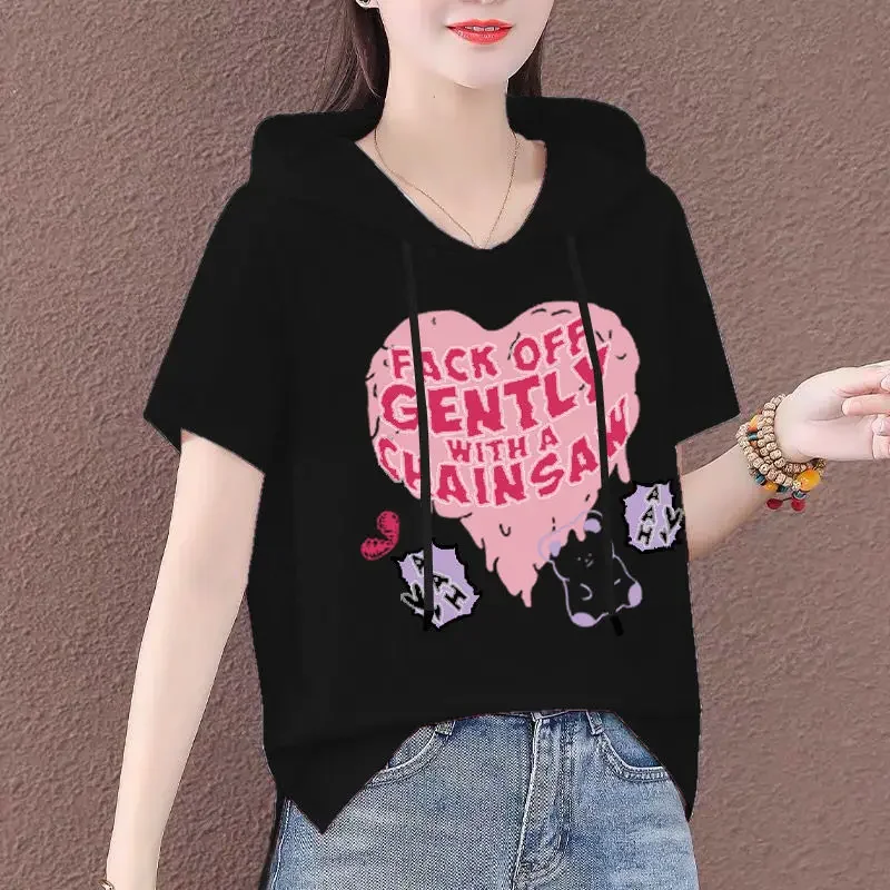 Short-Sleeved Cotton Hoodie for Women, Loose T-shirt, Cover Belly, Large Size, Summer Version, Reduce Age, Fashion