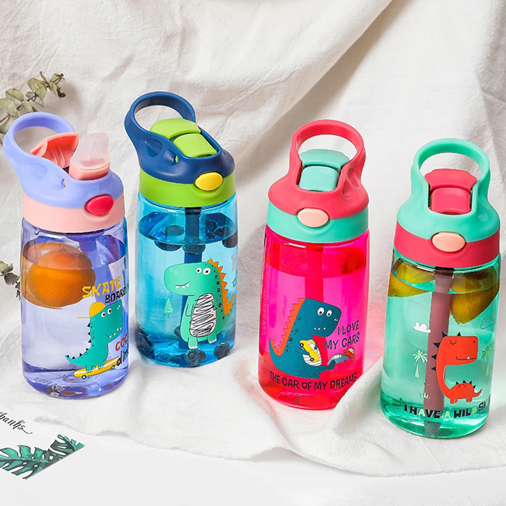 480ML Cartoon Children Plastic Cup With Straw Portable Anti-falling Dinosaur Water Bottle For Kids Water Sippy Cup Drinkware