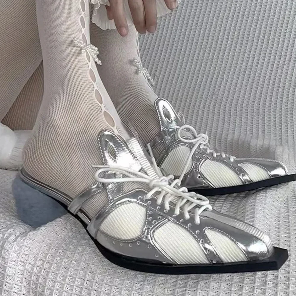 

Chunky Heels Air Mesh Slippers Square Toe Lace Up Slip On Women's Slippers Patchwork Silver Summer Newest 2025 Casual Outside