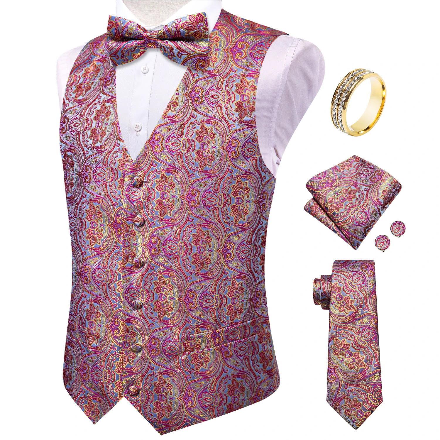 Pink Purple Paisley Mens Vest 6Pcs Matching Set, Waistcoat Necktie Bowtie Pocket Square Cufflinks Ring, Suit Decor for Prom