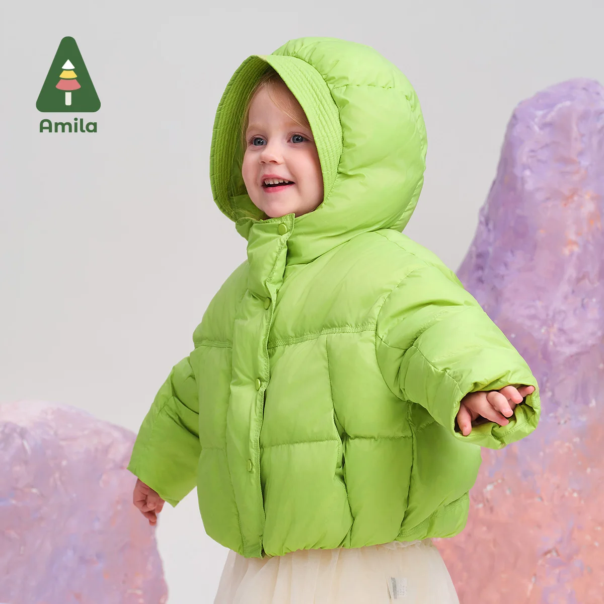 Amila Baby Down Jacket 2024 Winter New Style Girls Solid Color Warm Soft White Duck Down Soft Loose Casual Children\'s Jacket