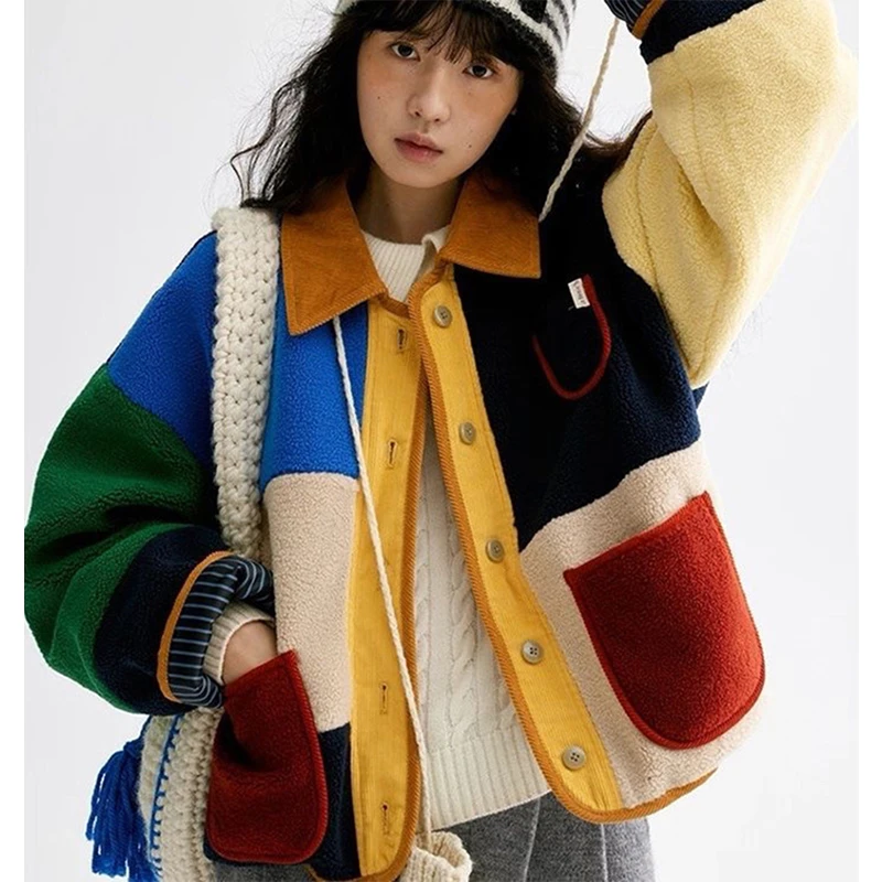 

Vintage Lamb Wool Coat Women Harajuku Patchwork Fluffy Jacket Winter Streetwear Korean Long Sleeve Pockets Furry Outerwears New