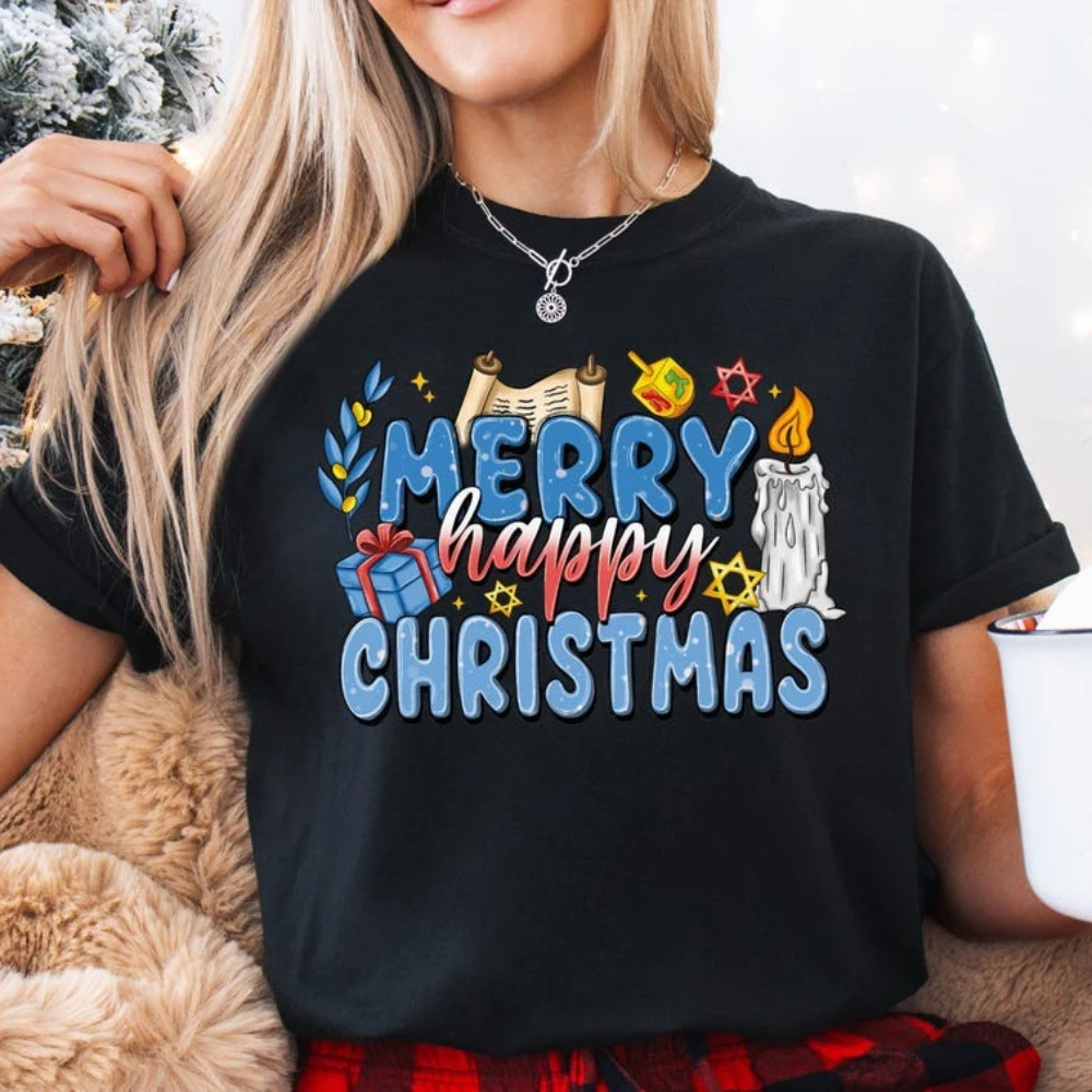 Merry Chrismukkah Shirt Happy Hanukkah T-Shirt Jewish Holiday Unisex Tee Menorah Candle Tshirt Holiday Men Women Casual Clothing
