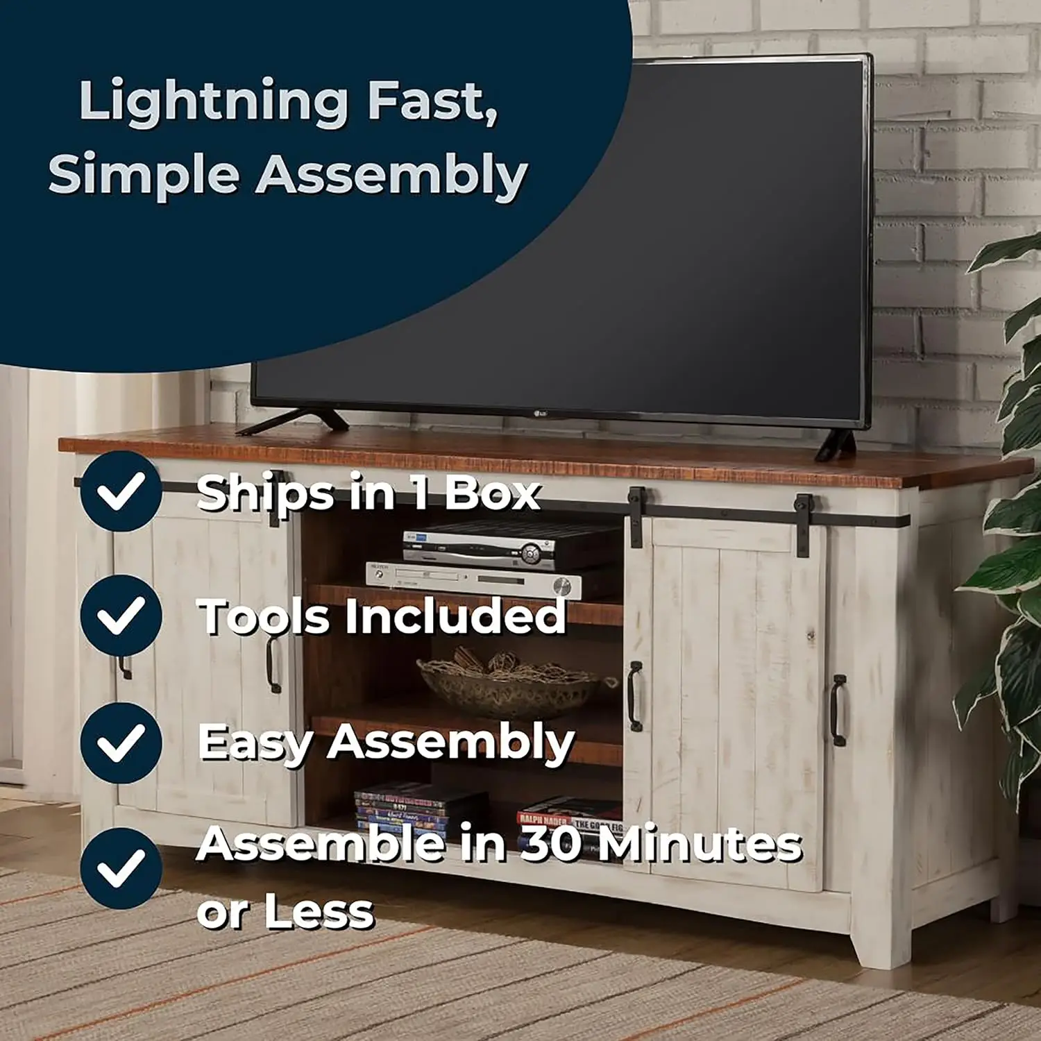 Rustic 65” Solid Wood TV Stand with Storage White and Aged Distressed Pine Multi-function Practical and Convenient