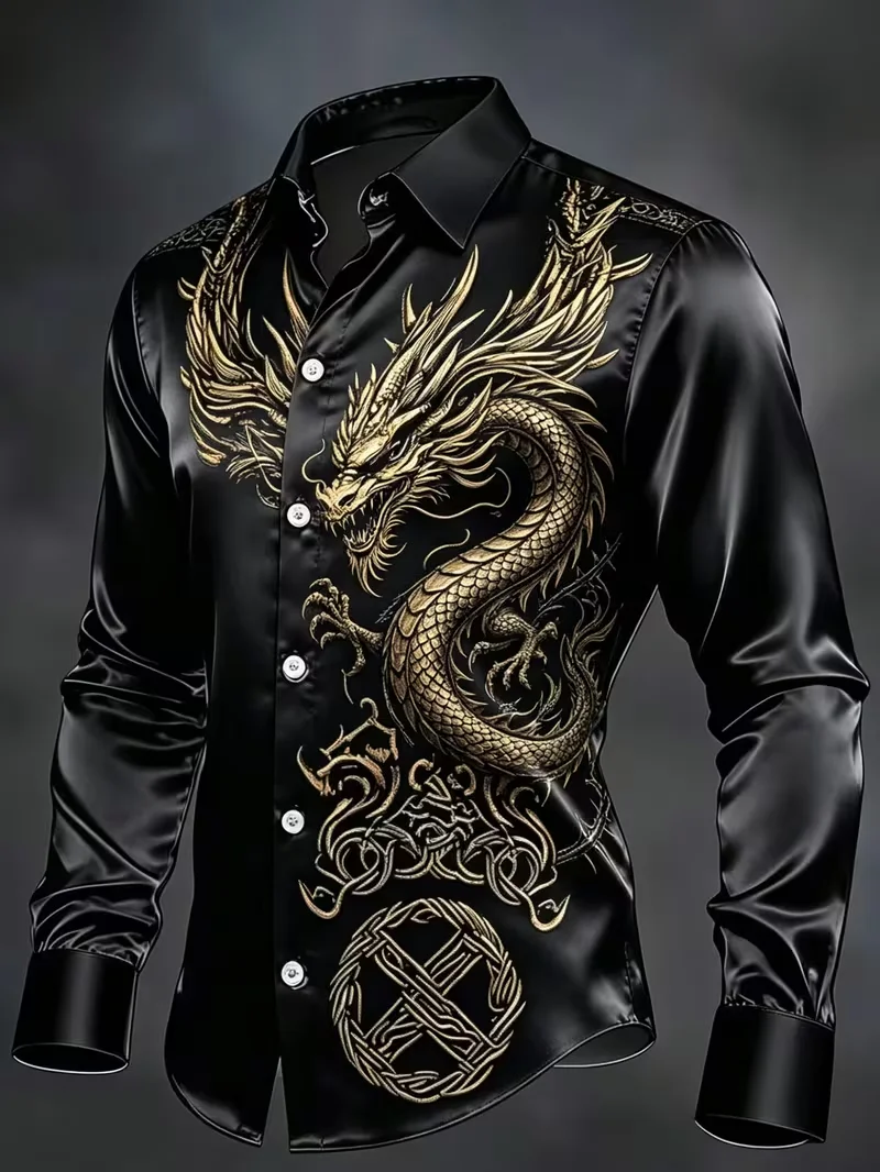 New Crown Lion Baroque Floral 3D Printed Long Sleeved Shirt With A Smooth Drape And Satin Lapel For Men