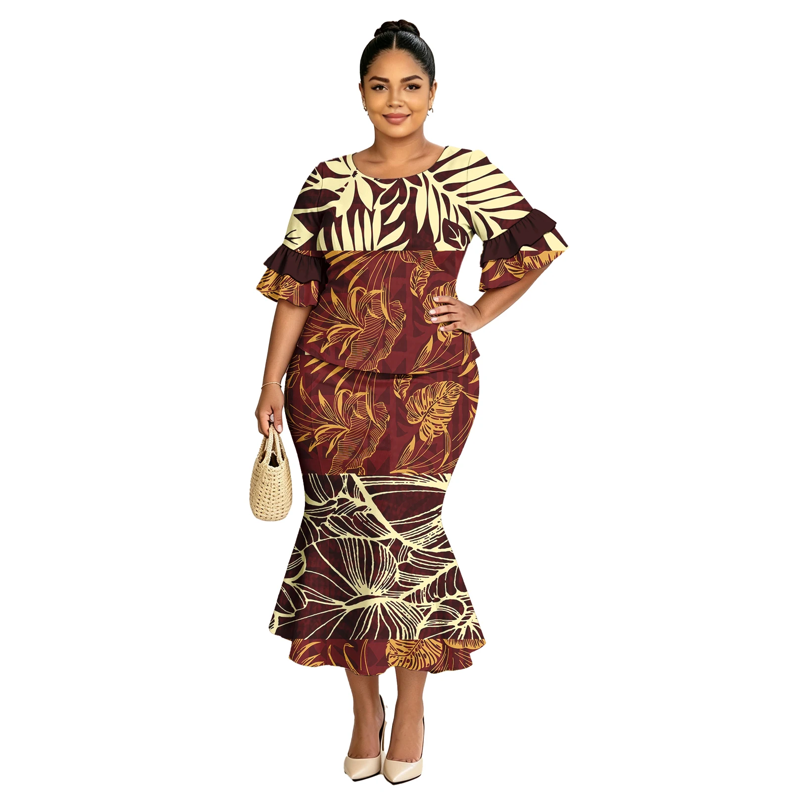 Boutique Clothes Custom Tribal Style Popular Ladies Fishtail Skirts Puletasi Dress Women's Petal Sleeve Formal Samoan Puletasi