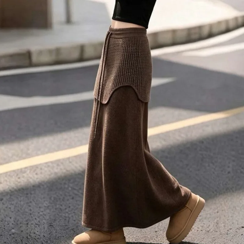 HKSH Women Skirt Fashion Knit Patchwork Solid Color Drawstring Elastic Waist Elegant Versatile Casual A-Line Long Skirts HK27590