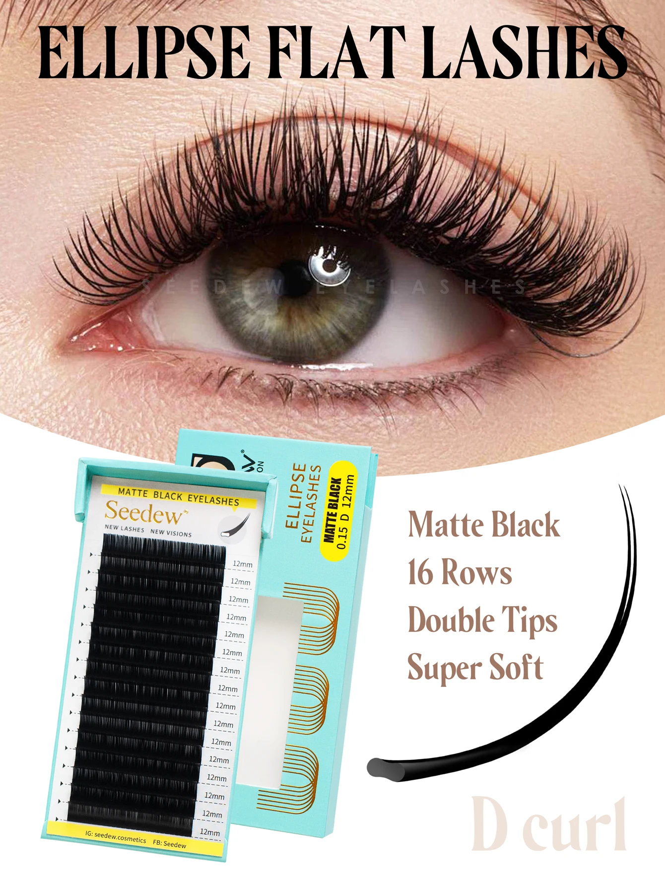 

SEEDEW Matte Black Flat Ellipse Eyelashes Individual Lashes Makeup 16Rows Soft Natural