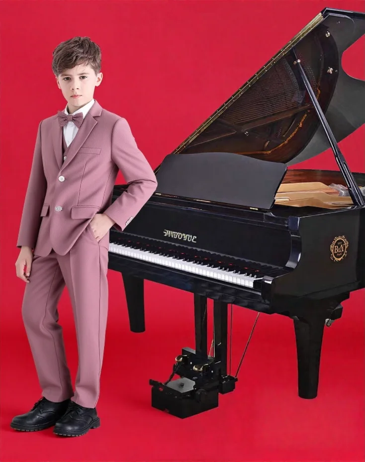 Children's 4Pieces Pink Suit Set With Jacket Vest Pants Bowtie Flower Boys Wedding Outfit Kids Piano Host Performance Costume