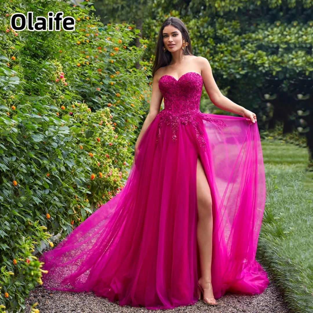 

Olaife Sexy Sweetheart Prom Dresses Lace Appliqué Long Prom Dress A-line Tulle Side Slit Party Dresses Vestidos De Fiesta