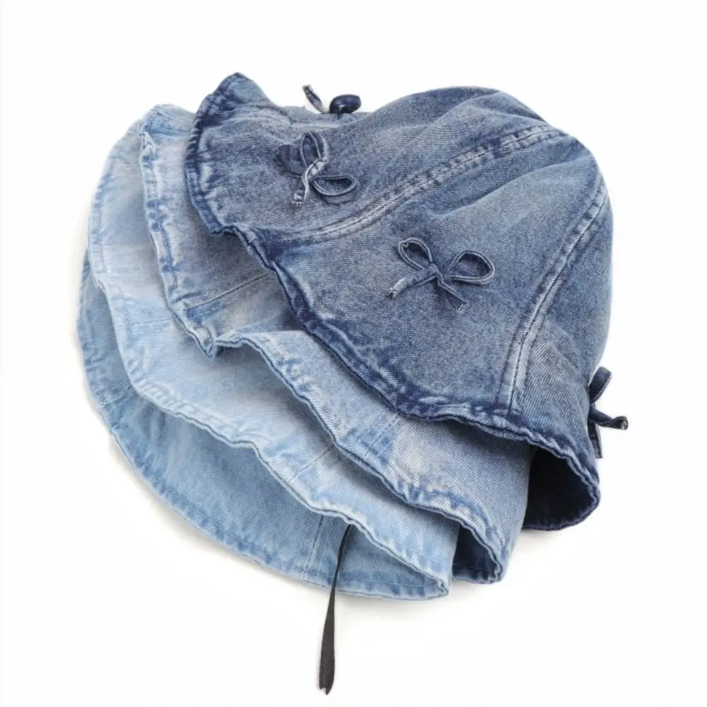 

Fashion Korean Style Denim Bucket Hats Bowknot Sweet Basin Caps for Men Sun Protection Ruffle Edge Sunscreen Hat For Women
