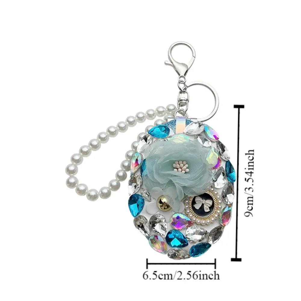 Full Rhinestone Camellia Makeup Mirror Creative Oval Elegant Car Keychain Folding Sparkling Bag Pendant Travel