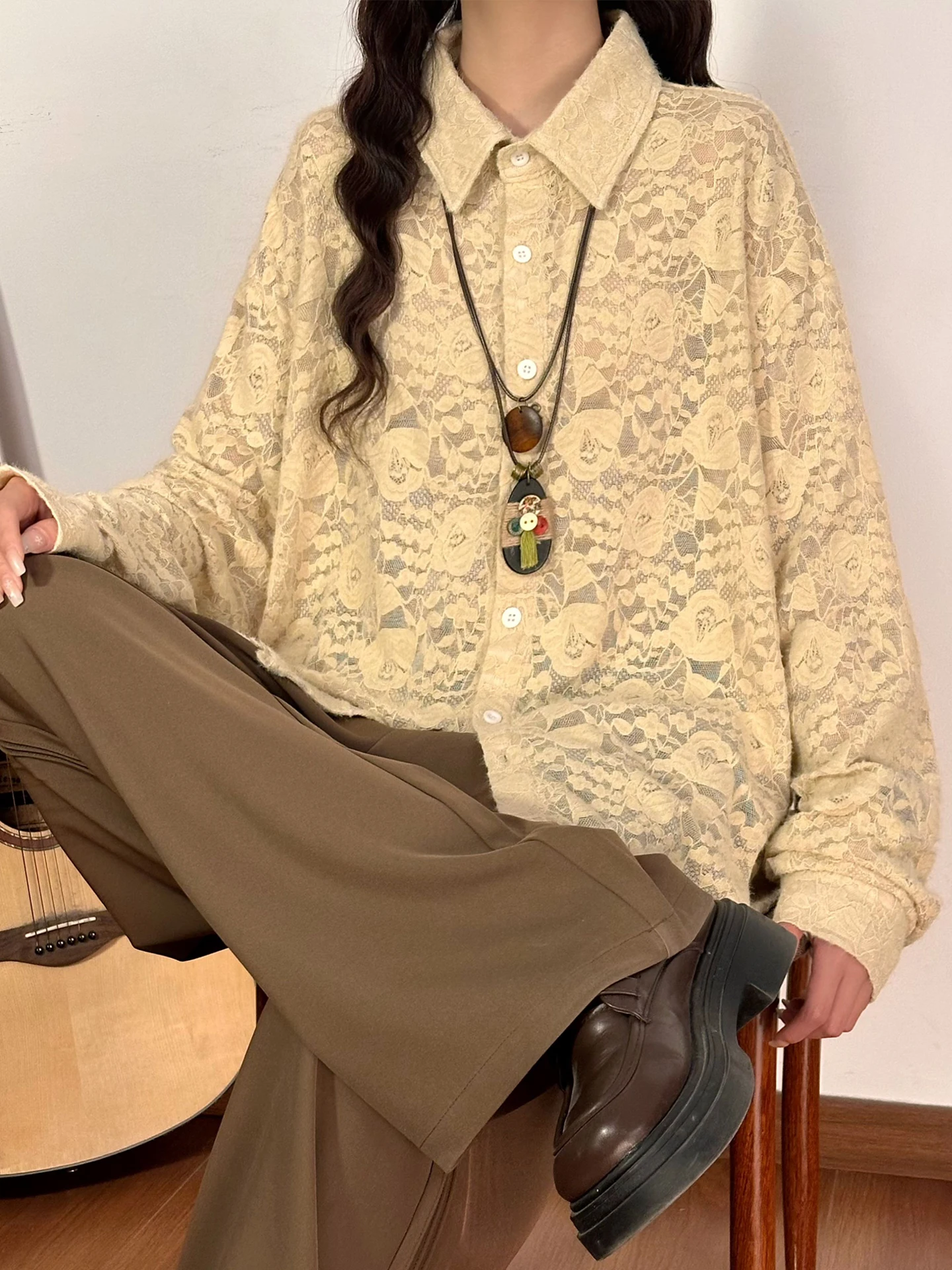 

Loose Women's Long Sve Lace Hollow out irt Vintage Japanese Sle Spring Casual Top Street Sle Neutral Fit