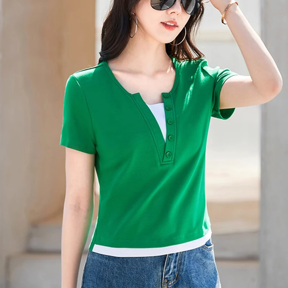 

Korean style fake two-piece short sleeved T-shirt top with V-neck buttons for women's summer new fashionable casual plus size