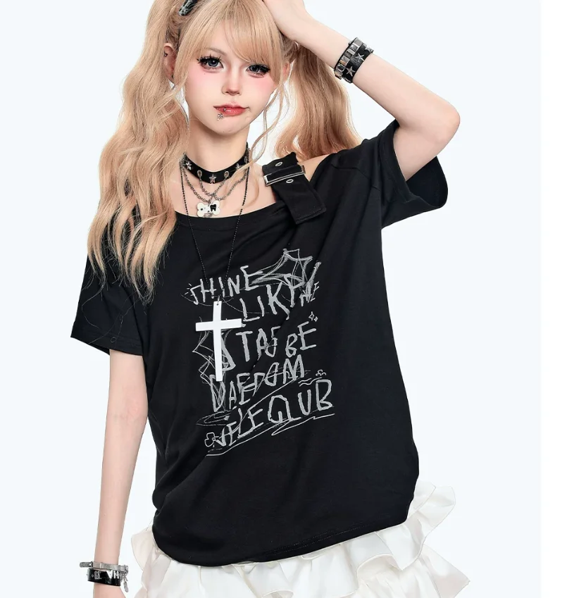 American Retro Print Slanted Shoulder Short Sleeve T-shirt Women Summer Loose Versatile Age-reducing College Off-shoulder Tops