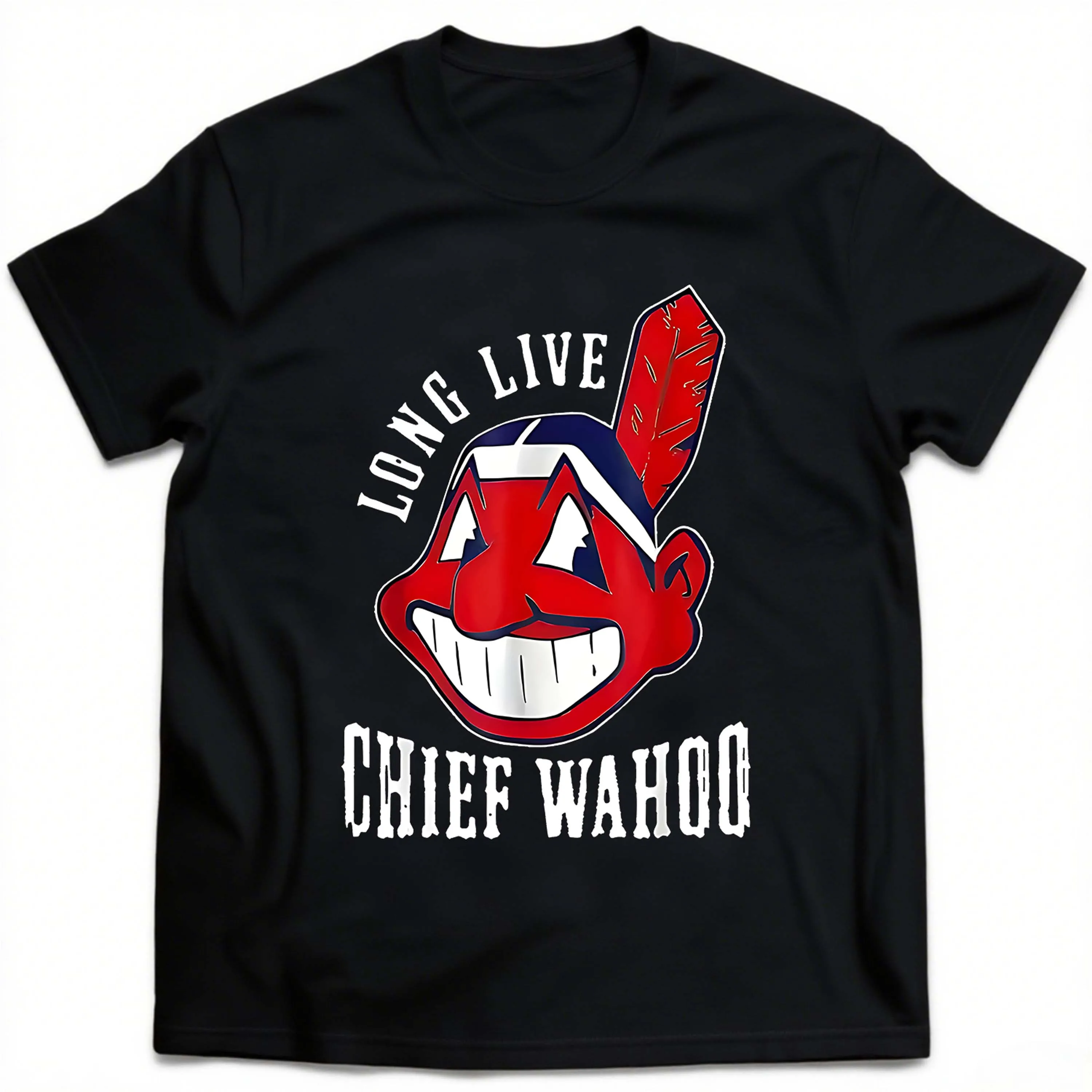 Plus Size Cleveland Indians Chief Wahoo Logo Black Short Sleeve T-Shirt Suitable for Outdoor Leisure Wear in Summer