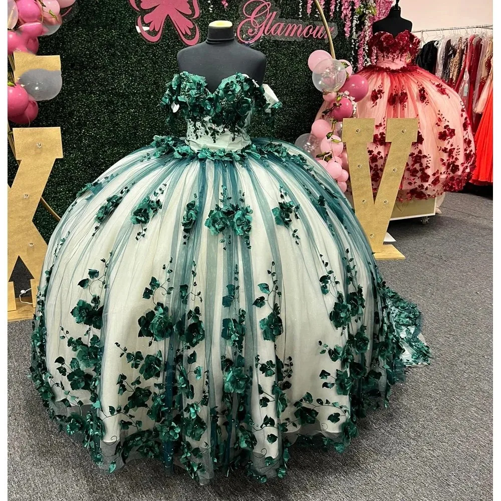 Green Charro Quinceanera Dresses Ball Gown Off The Shoulder Tulle Floral Puffy Mexican Sweet 16 Dresses 15 Anos Customized