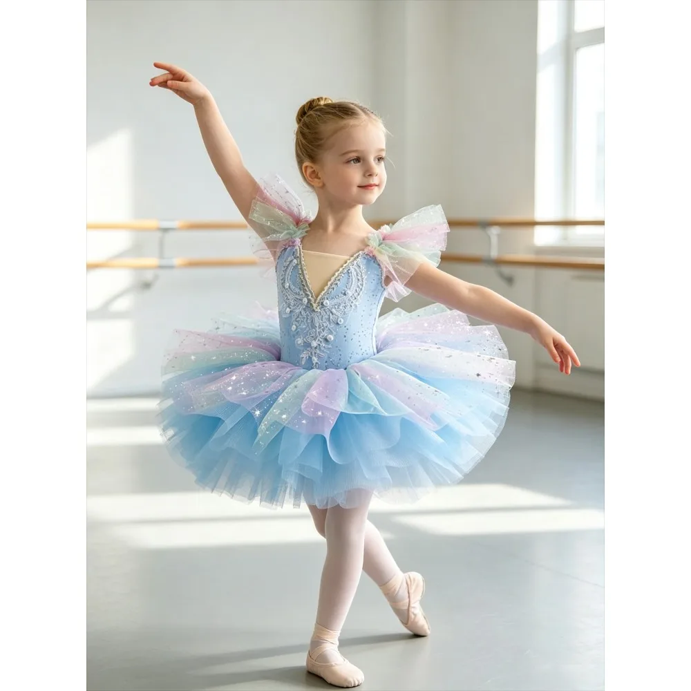

Ballet Performance dress Costume with Bow Accessories for Dance Recital ,Girls Pastel Rainbow Tutu Dress Fluffy Tulle for party