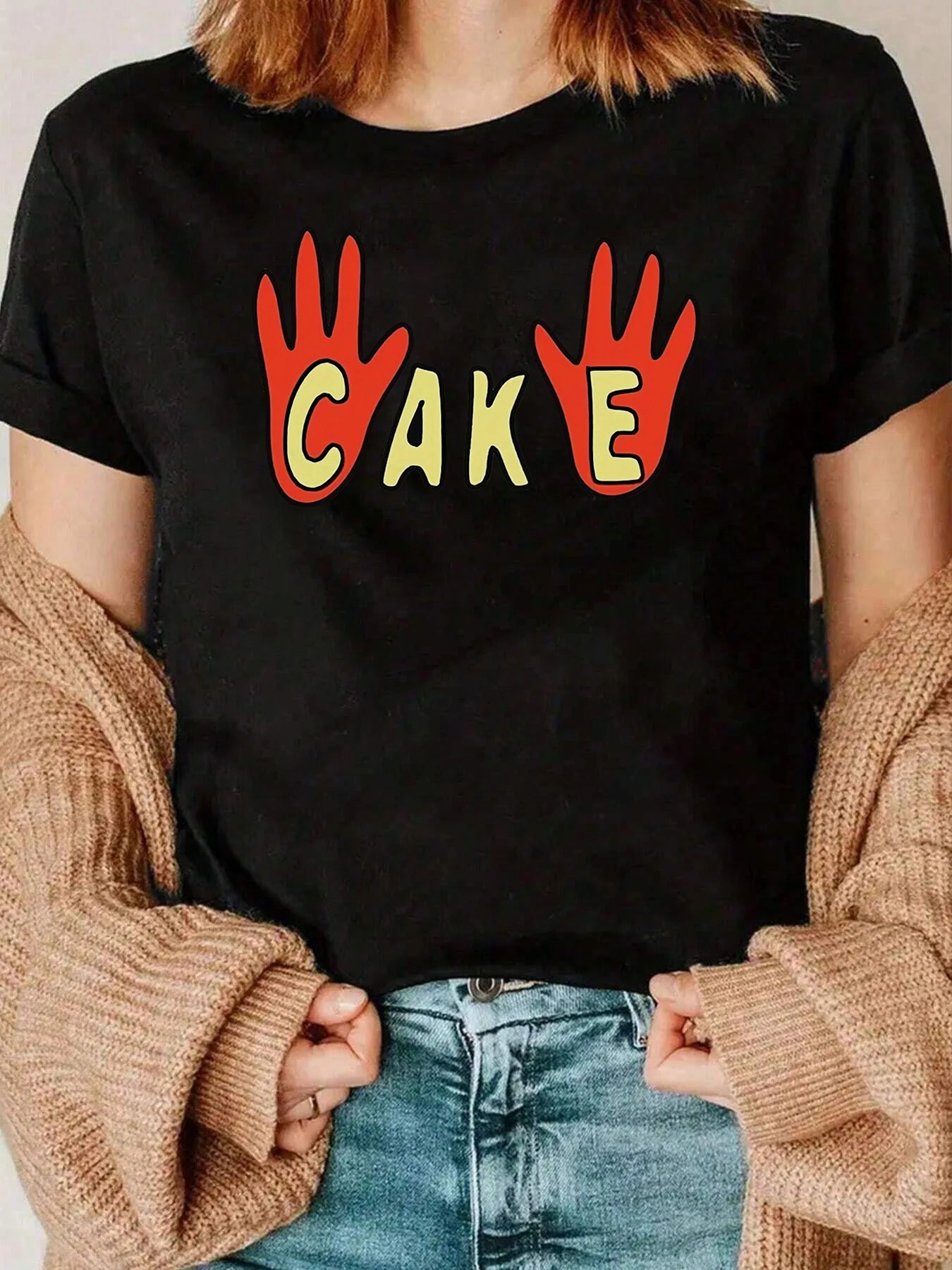 Hand Print Cake Graphic T Shirt Casual Wear Women 220g