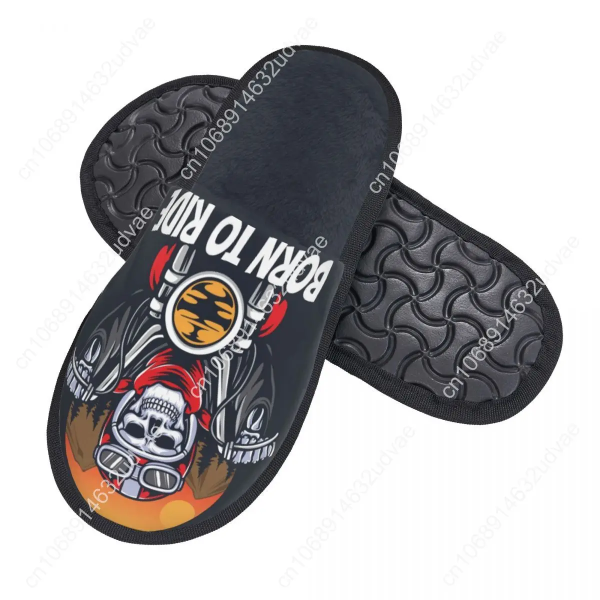 Winter Women Men Non-Slip Flat Slippers Skull Biker Riding Motorcycle Illustration Indoor Fur Soft Warm Shoes