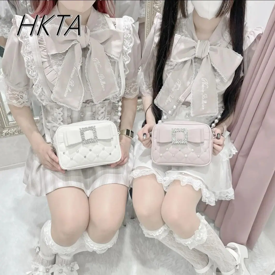 Japanese Diamond Sweet Bow Small Square Bag Womens Mine Beaded Pearl Y2k Messenger Bag Hot Girl Mini Shoulder Crossbody Bag