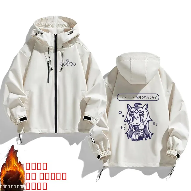 

Куртка с капюшоном на молнии в стиле аниме, ветрозащитная, теплая, из полиэфирного волокна, с длинными рукавами, стандартной длины, для повседневной носки