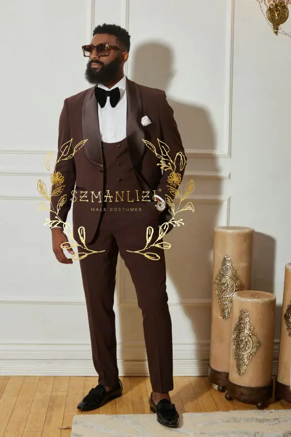 

SZMANLIZI Formal Brown Suits For Men Slim Fit Prom Wedding Tuxedos Shawl Lapel Groomsmen Blazer Vest Pants 3 Piece Costume Homme