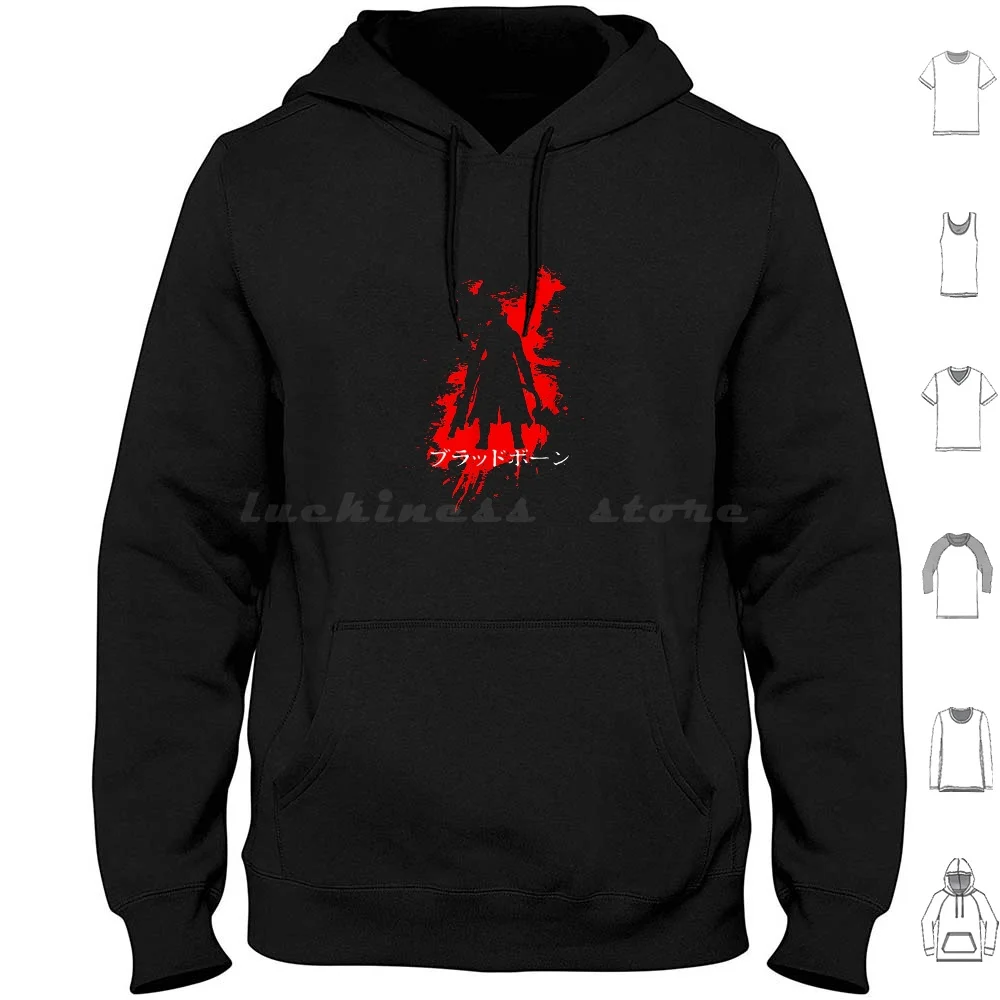 Bloodborne Splatter Kanji Hoodies Long Sleeve Bloodborne Dark Souls Souls Dark Blood Hunter Game Horror Gaming