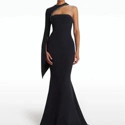 Saudi Arabia Evening Gowns Black Floor Length Pleats Sweep Train One Shoulder Jersey Long Sleeves Crystal Special Occasion Gowns