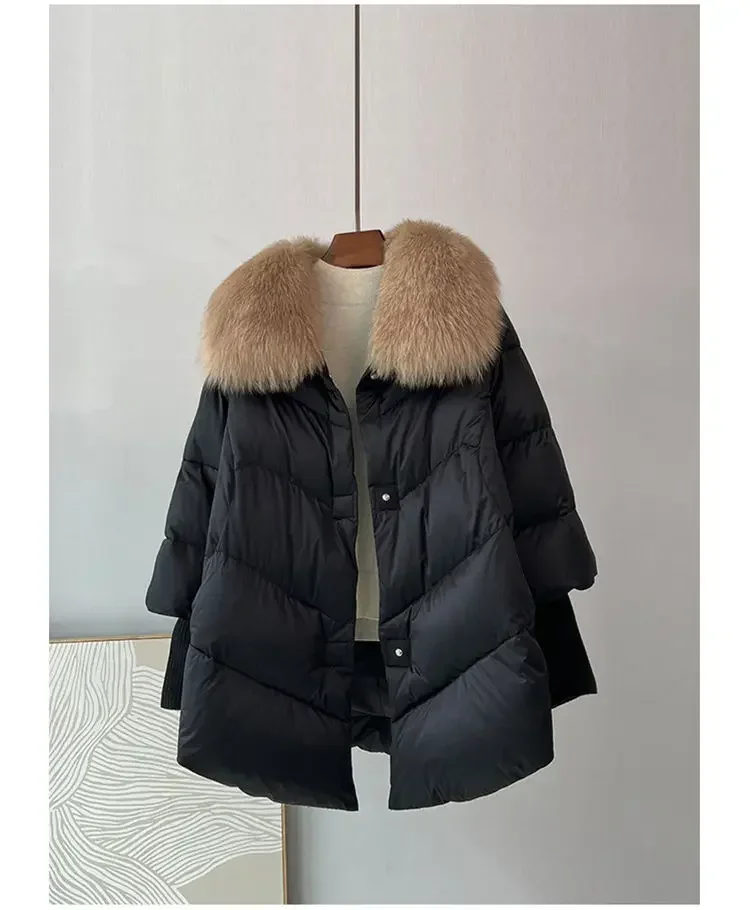 Winte White Down Duck Parka Big Fur Collar Cotton Padded Jacket Women Loose Puffer Coat Lightweight Poacket Female Outerwear