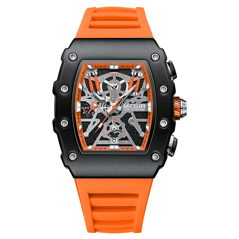 

Sport Orange Silicone Strap Quartz Watch Men Fashion Luminous Tonneau Dial Chronograph Wristwatch with Date Relogios Masculinos