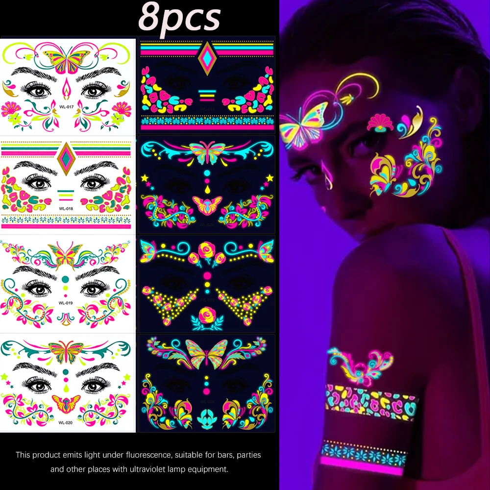 4/8pcs Fluorescent Glitter Tattoo Face Sticker Waterproof Temporary Tattoos Body Sticker for Party Night Club Makeup UV Stickers