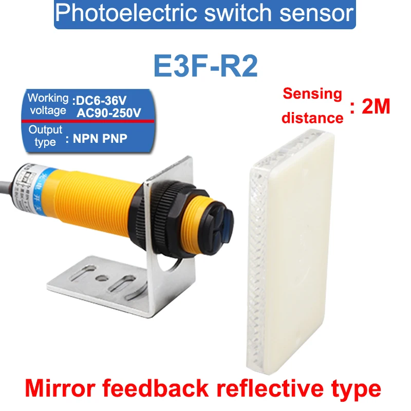 E3F-R2 Retro-reflective Proximity Switch Photoelectric Sensor Switch With Mirror Reflector Detection Range 2M M18 NPN PNP DC AC