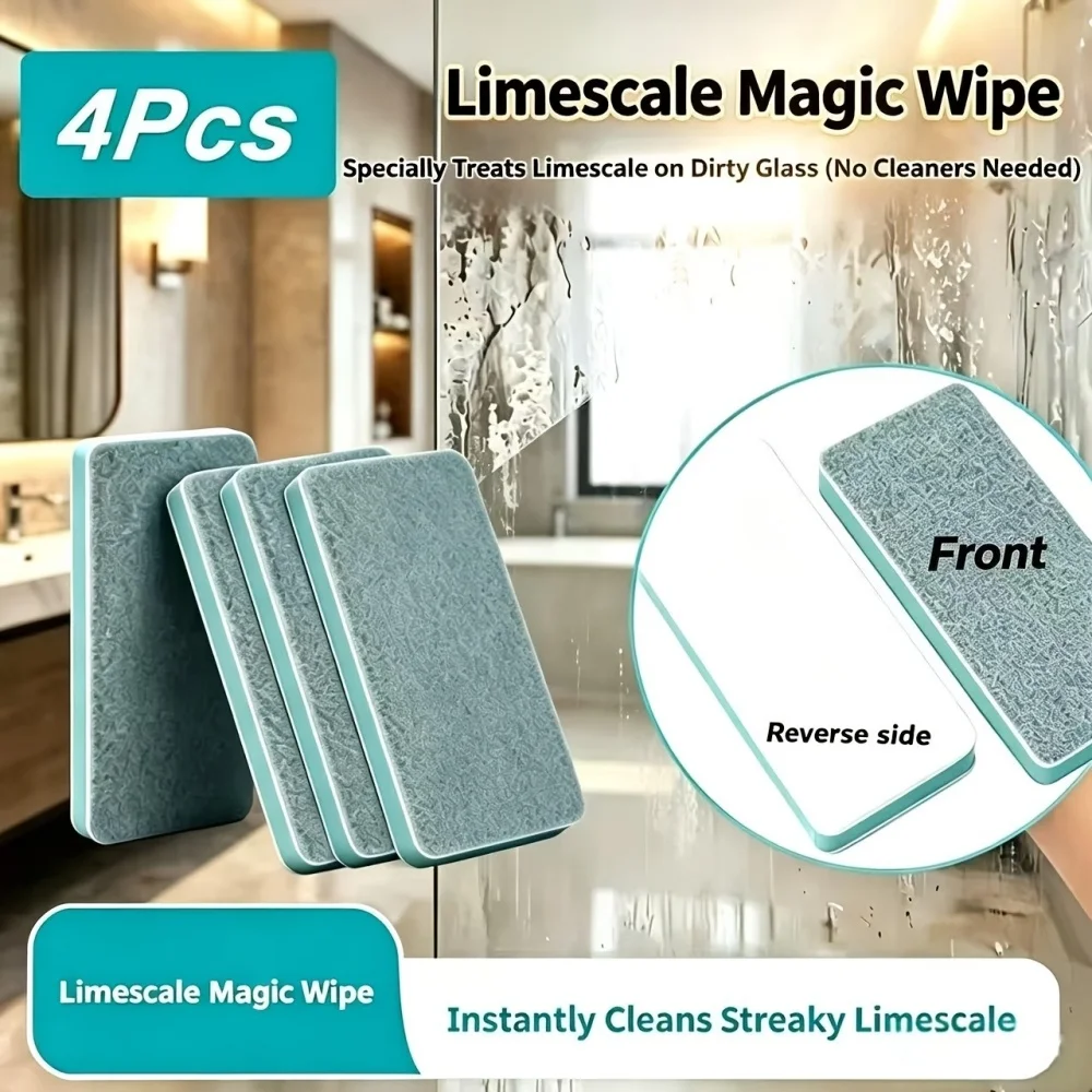 4PCS Magic Limescale Eraser Sponge Glass Shower Door Water Stain Remover Bathroom Window Cleaning Wipe