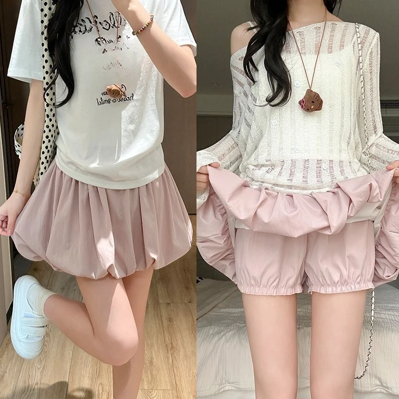 Cute Kawaii Korean Style Pink High Waist Ruffle Bubble Skort Petite Women Loose Slim Fit Summer Anti-exposure Daily Casual Wear