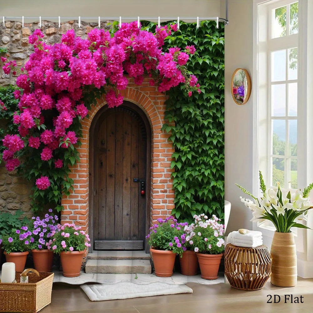 1pc Rustic Brick Archway & Cascading Bougainvillea Shower Curtain - Colorful Flowers, Serene Garden Entrance Design, Polyester,