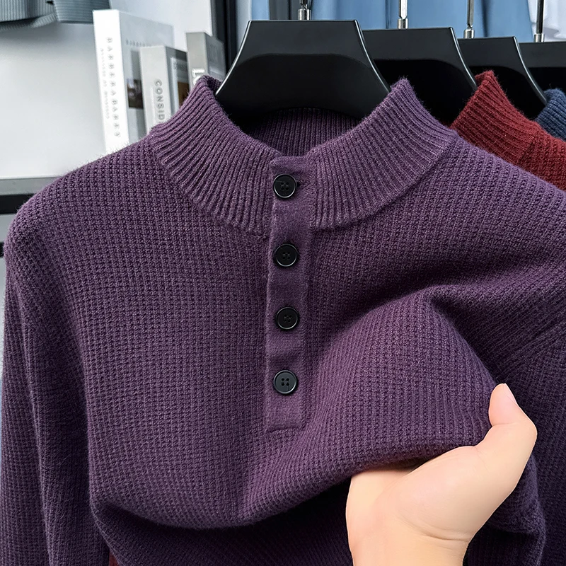 

High end luxury men's knitted sweater fashion buttons semi high neck fashion autumn winter warm comfort casual pullover new top