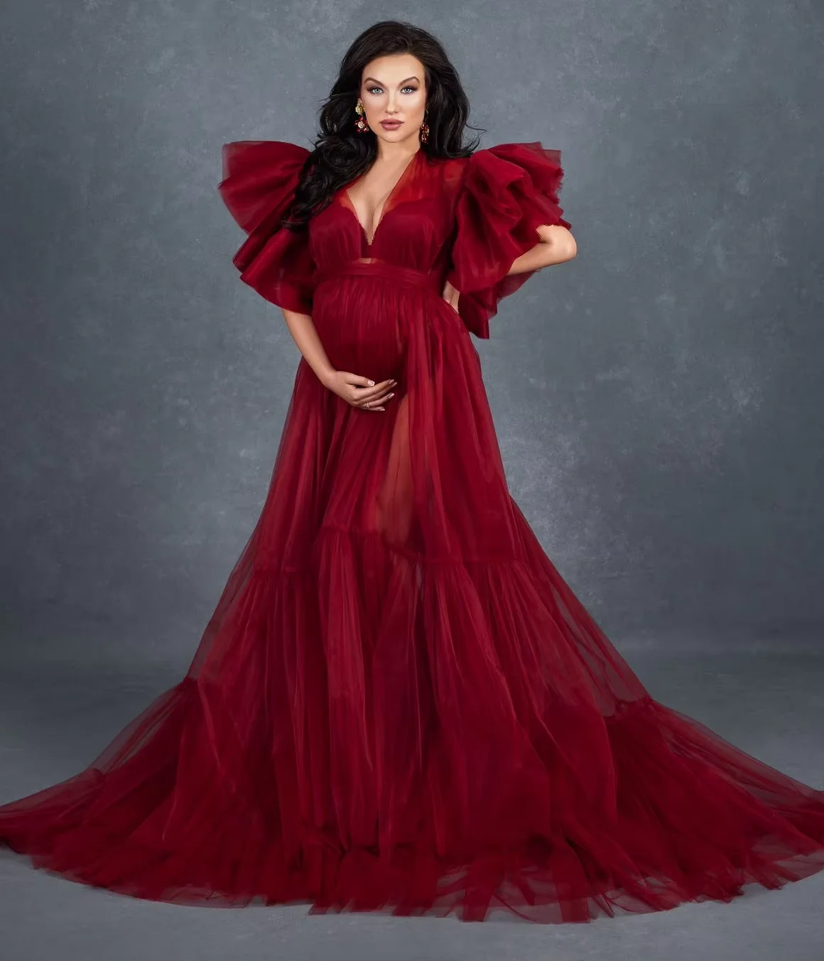 

Sexy Dark Red Maternity Dresses Baby Shower New Ruffles Sleeve Pregnant Women Gowns Customized Prom Dress Party Robe Photo Shoot