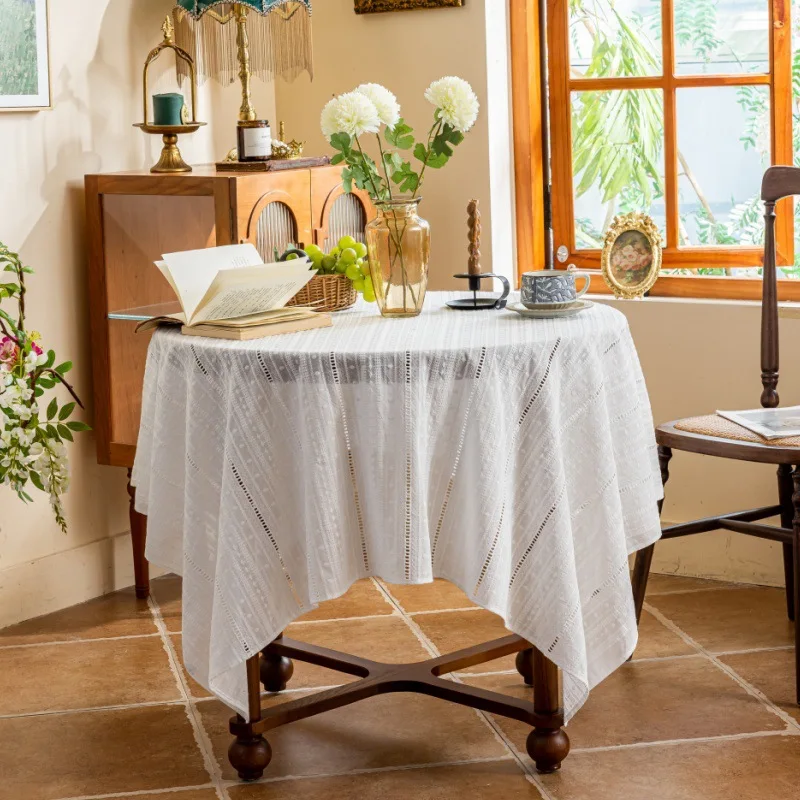 

100% Cotton White Embroidered Fabric Table Cloth Waterproof Wedding Party Table Cover for Home Holiday Banquet Decoration Rustic